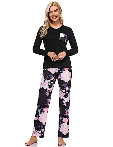 Sumeyuyu Schlafanzug Damen Lang Pyjama Set Hausanzug Baumwolle Komfortabel Blumendruck Langarm-Top und Lang Schlafhose von Sumeyuyu