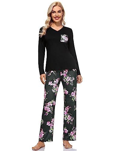 Sumeyuyu Schlafanzug Damen Lang Pyjama Set Hausanzug Baumwolle Komfortabel Blumendruck Langarm-Top und Lang Schlafhose von Sumeyuyu