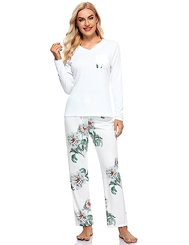 Sumeyuyu Schlafanzug Damen Lang Pyjama Set Hausanzug Baumwolle Komfortabel Blumendruck Langarm-Top und Lang Schlafhose von Sumeyuyu