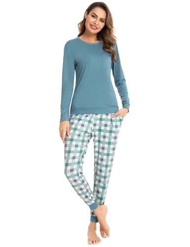 Sumeyuyu Schlafanzug Damen Lang Winter Pyjama Set Baumwolle Langarm Nachtwäsche Karierte Pyjamahose Hausanzug Zweiteiliger Nachtwäsche von Sumeyuyu