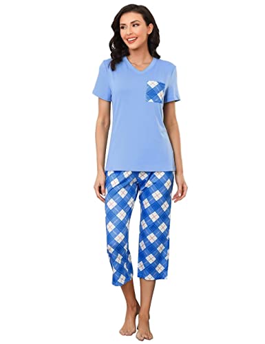 Sumeyuyu Schlafanzug Damen Pyjama Set Hausanzug Baumwolle Komfortabel Blumendruck Kurzarm-Top und 3/4 Lang Schlafhose von Sumeyuyu