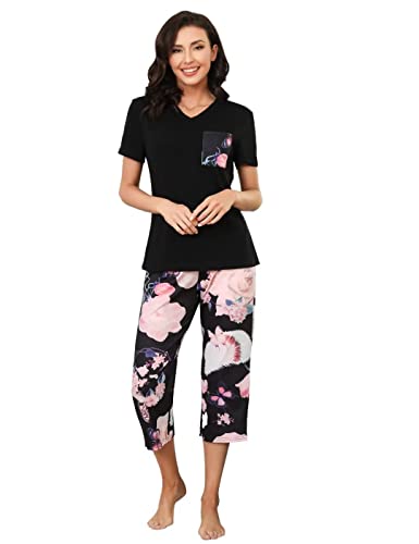 Sumeyuyu Schlafanzug Damen Pyjama Set Hausanzug Baumwolle Komfortabel Blumendruck Kurzarm-Top und 3/4 Lang Schlafhose von Sumeyuyu