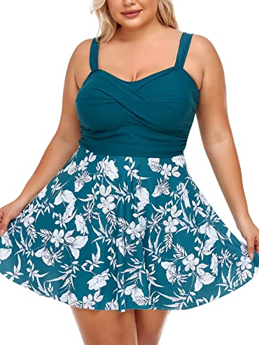 Summer Mae Damen Badekleid Große Größen Zweiteiliger Tankini mit Shorts V-Ausschnitt Badeanzug Plus Size Grün Blumen 46 von Summer Mae