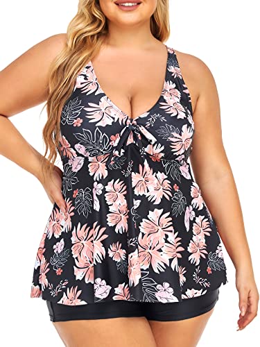 Summer Mae Damen Tankini Große Größen Zweiteiliger Badeanzug V-Ausschnitt Plus Size Bademode mit Shorts Hibiskus 44 von Summer Mae