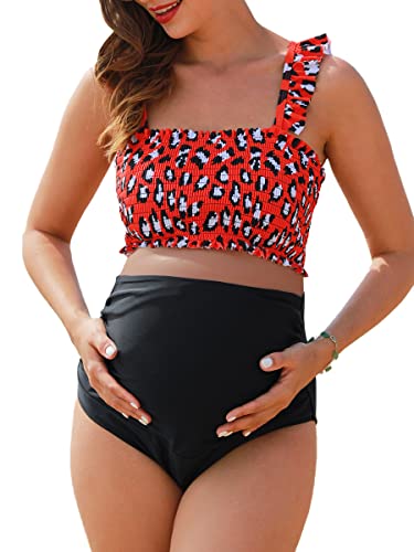 Umstands-Bikini, hohe Taille, zweiteilig, gerüschter Saum, niedlicher Blumen-Badeanzug, rotes leopardenmuster, Small von Summer Mae