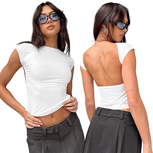 Sumvov Rückenfreies Oberteil Damen,Sexy Y2k Oberteile Damen,Backless Top Damen,2023 Sommer Crop Top Rücken Cut Out T-Shirt,Grunge Teenage Aesthetic Mädchen Outfits von Sumvov