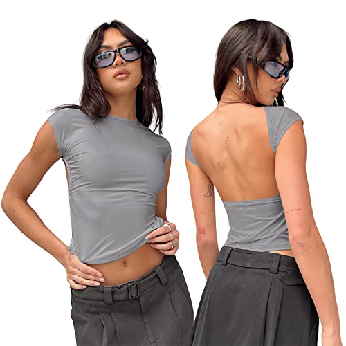 Sumvov Rückenfreies Oberteil Damen,Sexy Y2k Oberteile Damen,Backless Top Damen,2023 Sommer Crop Top Rücken Cut Out T-Shirt,Grunge Teenage Aesthetic Mädchen Outfits von Sumvov