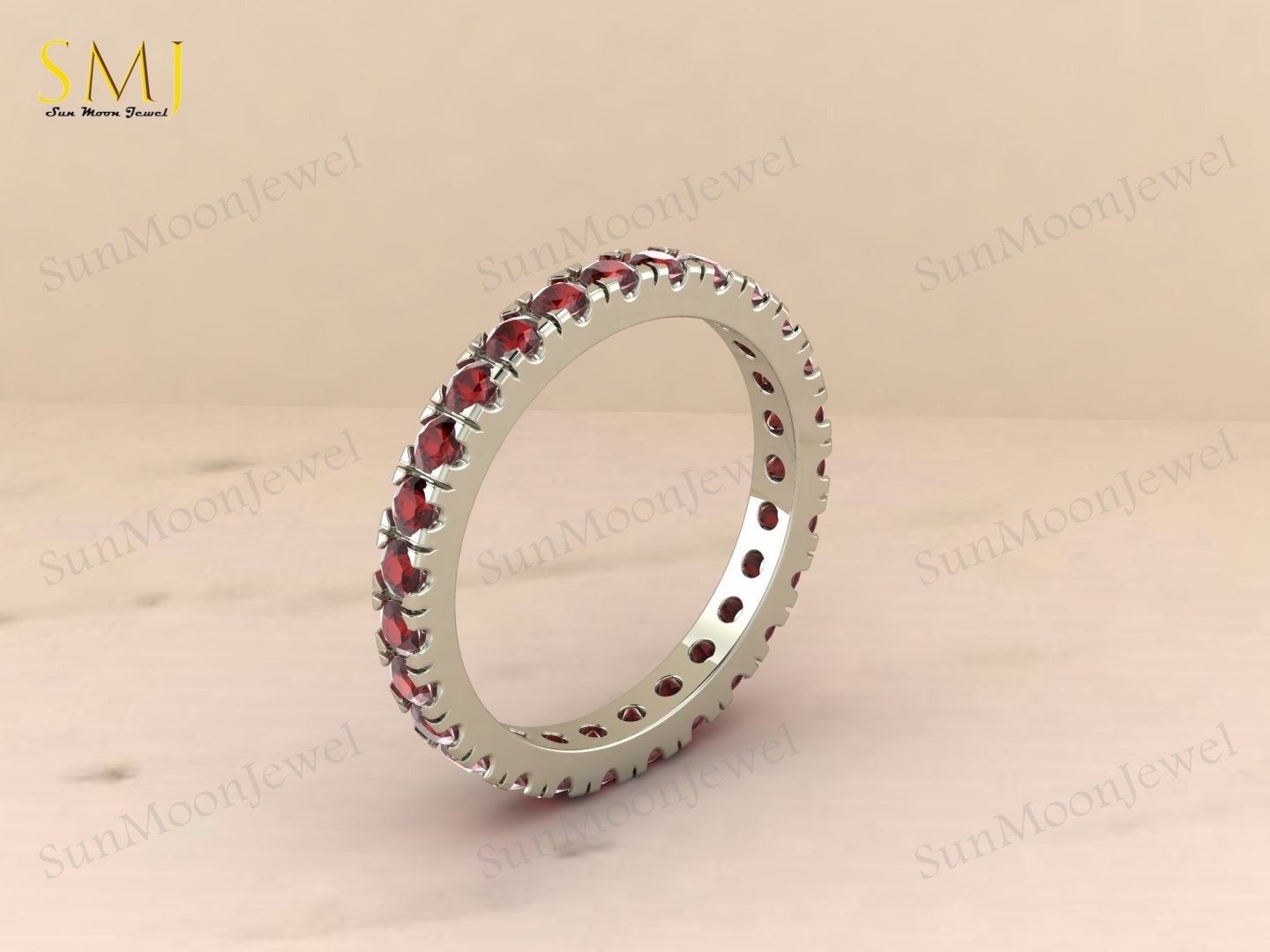 Granat Ring, Passende Band, Ehering, Silber Verlobungsring, Geburtsstein Geschenk Für Mama, Voll Eternity Band von SunMoonJewel