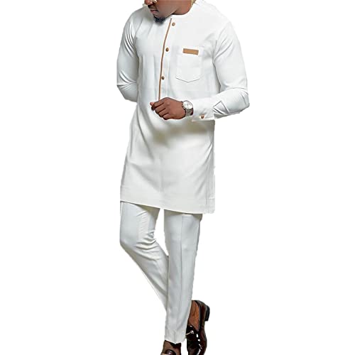 Suncolour Herren weiße afrikanische Kleidung 2 Stücke Langarm Ankara -Hemd und Hosen, das Outfit ausgeht Männer von Suncolour