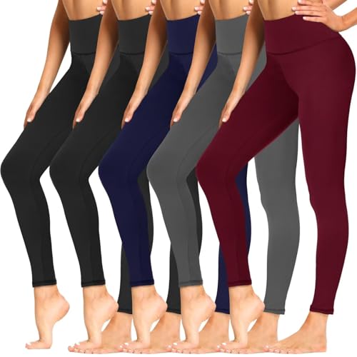 Sundwudu 5er-Pack Leggings für Damen, Bauchkontrolle, weiche Yogahose mit hoher Taille, für Workout, Größe und Übergröße, 01 - Schwarz x 2 + Grau + Marineblau + Weinrot, Large-X-Large von Sundwudu