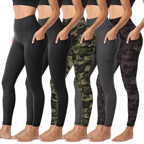 Sundwudu 5er-Pack Leggings für Frauen, Bauchkontrolle, weiche, hohe Taille, schwarze Yogahosen für Workout, reguläre und Übergröße, B-2 Taschen-schwarz+dunkel Grau Heather+schwarz Druck+Camo, von Sundwudu