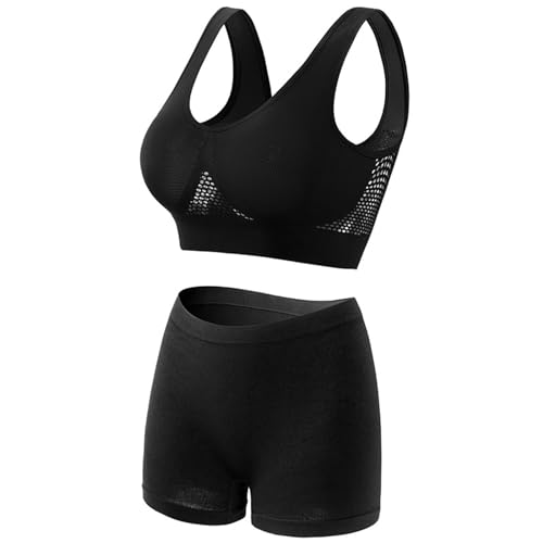 Damen Zweiteiler Trainingsanzug Atmungsaktiv Stretch-Sport-BH-Fitness-Set Große Brust Breiter Schultergurt Push Up BH und Kurze Yoga-Leggings Komfort Fit Unterwäsche Set Fitness Jogging Tennis Laufen von Sunggoko