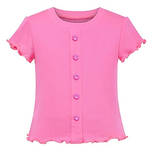 Mädchen T-Shirt Crop-Top Rosa Kopfsalat Trimmen Gerippt Stricken Rundhalsausschnitt Täglich Gr. 116-122,Rosa,116-122 von Sunny Fashion