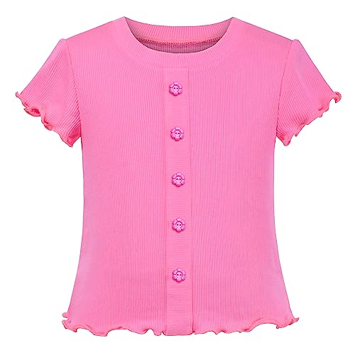 Mädchen T-Shirt Crop-Top Rosa Kopfsalat Trimmen Gerippt Stricken Rundhalsausschnitt Täglich Gr. 128-134,Rosa,128-134 von Sunny Fashion