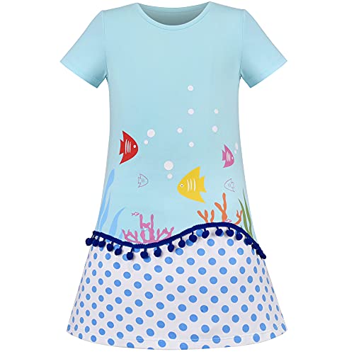 Mädchen T-Shirt Kleid Springen Rock Bommel Fisch Tupfen Strand Blase Kurzarm Gr. 110 von Sunny Fashion