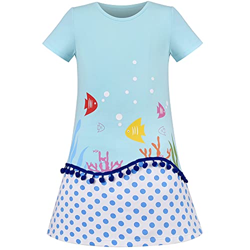 Mädchen T-Shirt Kleid Springen Rock Bommel Fisch Tupfen Strand Blase Kurzarm Gr. 92 von Sunny Fashion