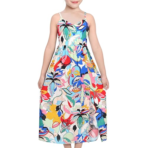 Sunny Fashion Mädchen Kleid Blumen- Tropisch Hoch Schlitz Gurt Sommer Trägerkleid Strand Urlaub Gr. 134,Blau Tropisch,134 von Sunny Fashion