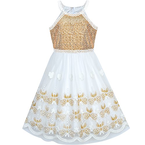 Sunny Fashion Mädchen Kleid Gold Schmetterling Gestickt Halfter Kleid Party Gr. 146 von Sunny Fashion