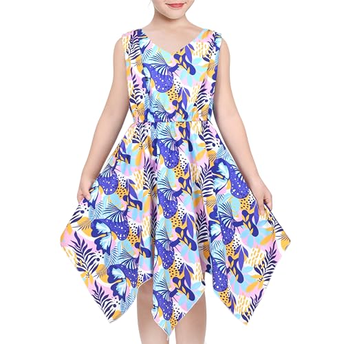 Sunny Fashion Mädchen Kleid Lila Tropisches Blatt Hanky ​​Hem Sommer Trägerkleid Party Strand Gr. 122,Tropisches Lila,122 von Sunny Fashion