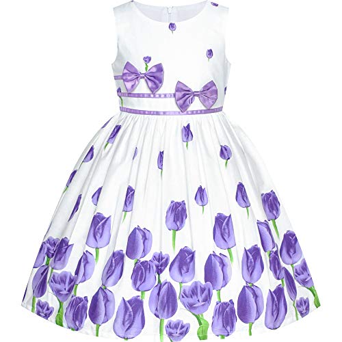 Sunny Fashion Mädchen Kleid Rose Blume Doppel Fliege Party Sommerkleid, Violett - Purple Tulip Gr. 128-134, Size 9-10 von Sunny Fashion