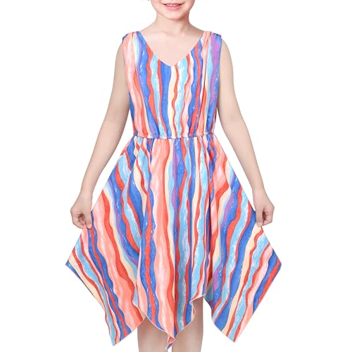 Sunny Fashion Mädchen Kleid Multicolor Tie-Dye Gestreift Hanky ​​Hem Aquarell Party Strand Gr. 122,Blau-Orange,122 von Sunny Fashion