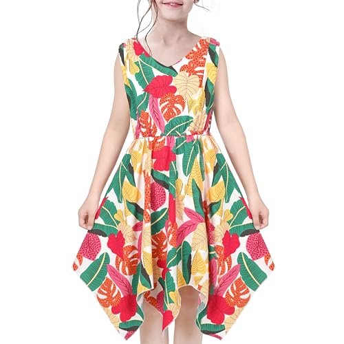 Sunny Fashion Mädchen Kleid Tropisch blumig Trägerkleid Hanky ​​Hem Sommer Hawaiianischer Strand Gr. 122,Tropisches Blatt,122 von Sunny Fashion