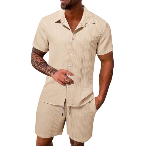 2 Teiler Herren Sommer Einfarbig Musselin Sportanzug Leinenanzug Herren Zweiteiliges Kurzarm Button-Up Revers Hemd und Shorts Set Jogginganzug Trainingsanzug Hawaii Anzug Sommer Outfit Herren von Sunnyuk