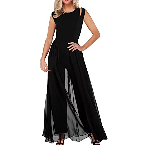 Hosenanzug Damen Elegant Lang Overall Romper Sommer Rundhalsausschnitt Jumpsuit Damen Festlich Hochzeit Einteiler Kleidung mit Gürtel Kurzarm Playsuits Abendanzug Weites Bein Große Größen Hosenkleid von Sunnyuk