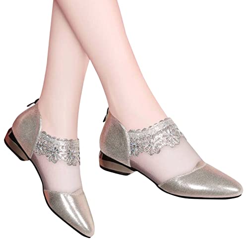 Sandalen Damen mit Absatz Weiß Sandalen Damen Spitze Pumps Schuhe Blockabsatz Stiefeletten Runder Spitze Blumenmuster Mesh Hohle Tüll Strass Sommerstiefel Reißverschluss Freizeit Atmungsaktiv Schuh von Sunnyuk