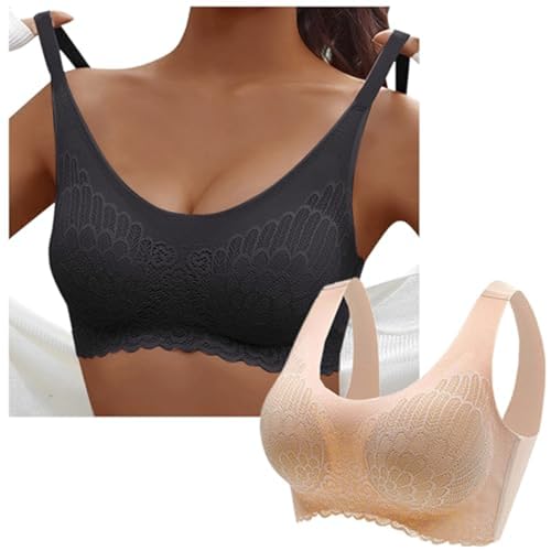 Sunnyuk 2er Pack BH Damen Ohne Bügel Push Up Seamless Komfort Sport BH Gepolstert Spitzen Bra Weich Nahtlos Stretch Bustier Mittel Halt Bügelloser Schlaf BH Klassische Top für Alltag Yoga Damen von Sunnyuk