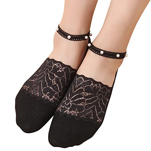 Sunnyuk 3 Paar Perlen-Spitzen-Socken Damen, No-Show-Socken für Damen, Rutschfeste Perlen-Spitzensocken, Söckchen für den Sommer, Niedliches Mesh, Transparent, Ultradünn, Durchsichtig, Lässige Socken von Sunnyuk