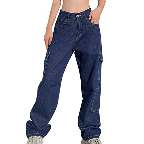 Sunnyuk Cargohose Damen High Waist Jeans Weites Bein Freizeithose Damen Sommer Lang Herbst Baggy Streetwear Cargo Pants Teenager Mädchen Frauen Sporthose Lang Weites Bein von Sunnyuk