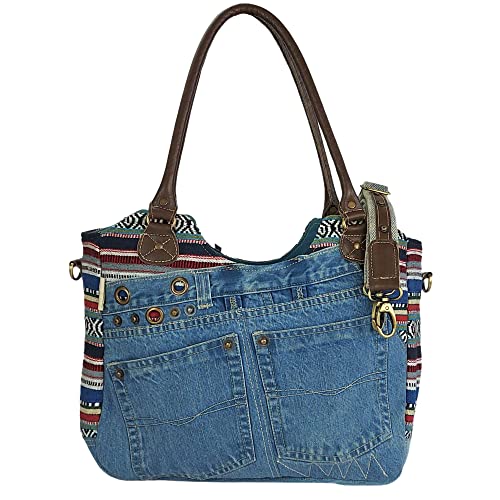 Sunsa Damen Handtasche. Nachhaltige Shopper aus recycelte Jeans Baumwolle & Leder. Große Umhängetasche mit viele Fächern. Schultertasche als Geschenk für Frauen/Mädchen von Sunsa