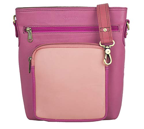 Sunsa Damen Leder Umhängetasche. Mittlere groß Schultertasche. Einzigartig Bunte Ledertasche. Damentasche mit Reißverschluss vorderetasche (pink rosa) von Sunsa