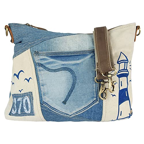 Sunsa Damen Maritim Umhängetasche. Schultertasche aus Canvas, recycelte Jeans & Leder. Große Vintage Crossbody Tasche. Nachhaltig Handtasche als Geschenkideen für Frauen/Mädchen von Sunsa