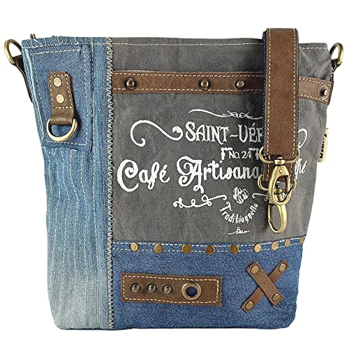 Sunsa Damen Umhängetasche. Schultertasche aus Canvas recycelte Jeans & Leder. Große Vintage Crossbody Tasche. Nachhaltig grau Handtasche als Geschenkideen für Frauen/Mädchen von Sunsa