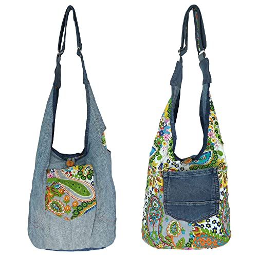 Sunsa Damen nachhaltig Hobo Tasche, Umhängetasche aus recycelte Jeans & Baumwolle. Boho Crossbody Bag. Schultertasche Frauen/Mädchen Geschenkidee von Sunsa