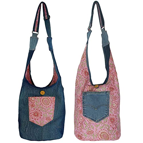 Sunsa Damen nachhaltige Hobo Tasche. Umhängetasche aus recycelte Jeans & Baumwolle. Boho Blumig Crossbody Bag beidseitig verwendbar. von Sunsa