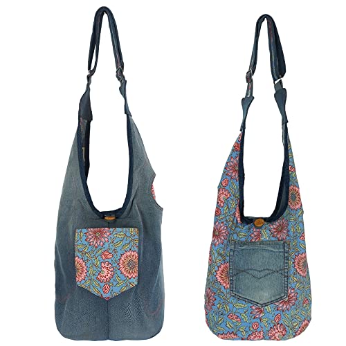 Sunsa Damen nachhaltige Hobo Tasche. Umhängetasche aus recycelte Jeans & Baumwolle. Boho blumig Crossbody Bag beidseitig verwendbar. von Sunsa