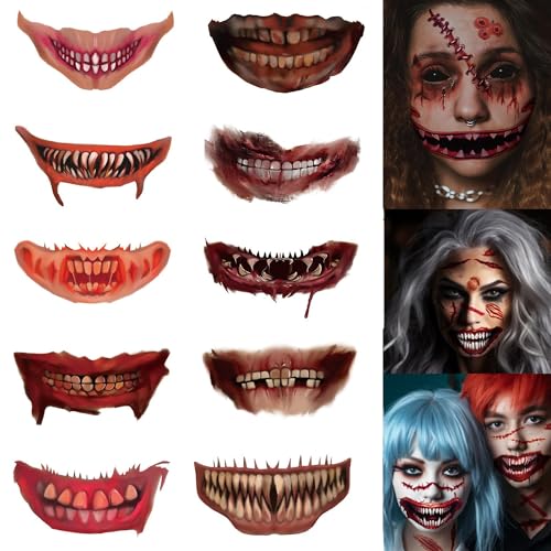 Halloween Tattoos Totenkopf,10 Halloween Mund Tattoo,Halloween Tattoo Aufkleber,Halloween Narben Tattoo,Gesicht Saufkleber,Halloween Gesicht Tattoo,Halloween Temporäre Tattoos für Kinder Erwachsener von Sunshine smile