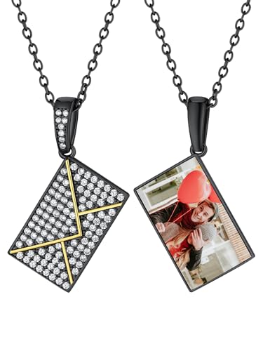 Supcare Damen Kette mit Umschlag Anhänger Kettenanhänger Schwarz Halskette Umschlagkette Fotokette Amulett Memorial Kette mit Bild CZ Envelope Locket Necklace Personalisiert Schmuck für Jahrestag von Supcare