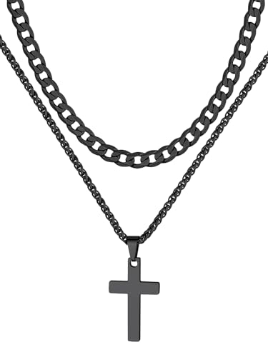 Supcare Kreuz Kette Schwarz Damen 2Pcs Layered Halskette mit Kreuz Anhänger Doppelkette Kreuzkette Edelstahl Gliederkette Choker Christentum Kreuzanhänger Cross Necklace Rock Modeschmuck für Ehefrau von Supcare