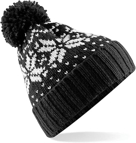 Super Lemon Unisex Fair Isle Snowstar Bommelmütze aus 100 % weichem gesponnenem Acryl, für kaltes Wetter, Winter, Weihnachten, selbst Farbe, Schwarz/Weiß, One size von Super Lemon