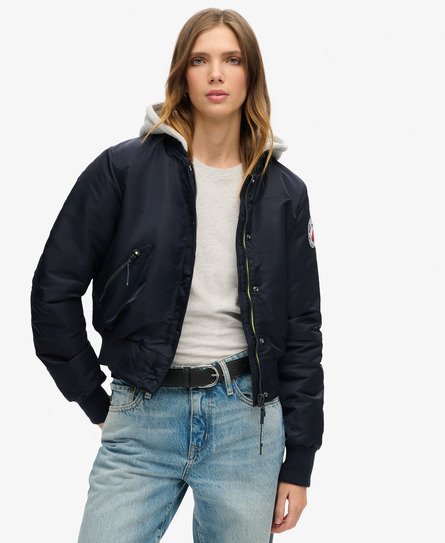 Superdry Damen Marineblau Bomberjacke mit Kapuze Logo-Druck, Größe: 36 von Superdry