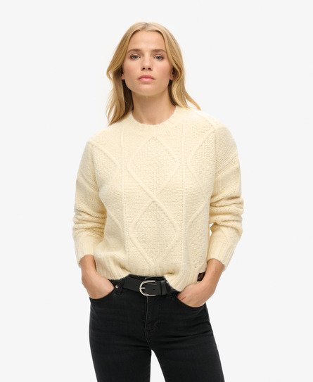 Superdry Damen Grobstrickpullover mit Zopfmuster Creme - Größe: 40 von Superdry