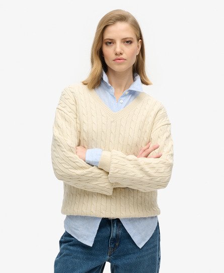 Superdry Women's OverGrößed-Pullover mit V-Ausschnitt und Zopfmuster Creme - Größe: 10-12 von Superdry