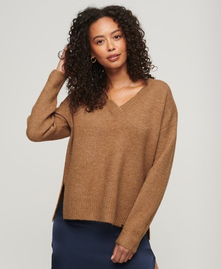 Superdry Damen Pullover mit V-Ausschnitt in Übergröße Beige - Größe: 38 von Superdry