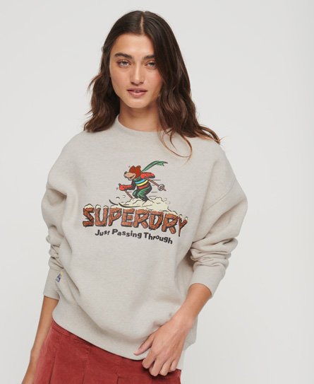 Superdry Women's Travel Postcard Sweatshirt mit Rundhalsausschnitt und Grafik Creme - Größe: 36 von Superdry