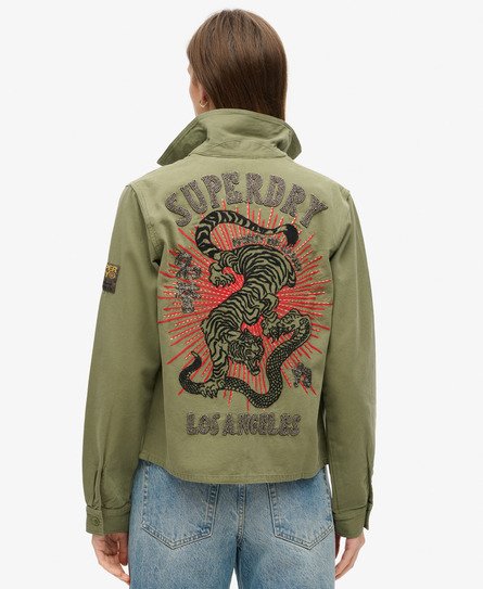 Superdry Damen Grün Verzierte Military-Jacke Bedruckt, Größe: 42 von Superdry