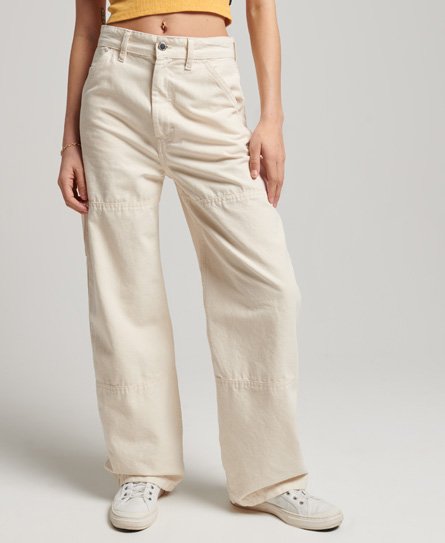 Superdry Women's Vintage Carpenter Hose aus Bio-Baumwolle mit Weitem Beinschnitt Creme - Größe: 27/32 von Superdry